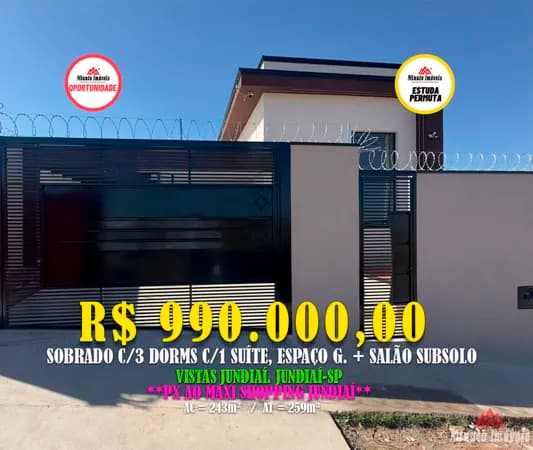 Casa c/3 Dorms c/1 Suite + Área Gourmet, 2 Vagas Cobertas. Loc : Vistas Jundiaí, Jundiai-SP