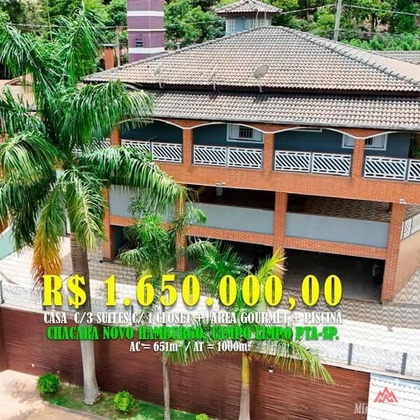 Chacara c/ 3 Dorms c /1 Suite + Sao de Festas + 2 Wc + Area Gourmet e Piscina. Loc: Chácara Novo Hamburgo, Campo Limpo Pta-SP Valor = R$ 1.650.000,00 AT =1.000 m2 / AC = 651m2