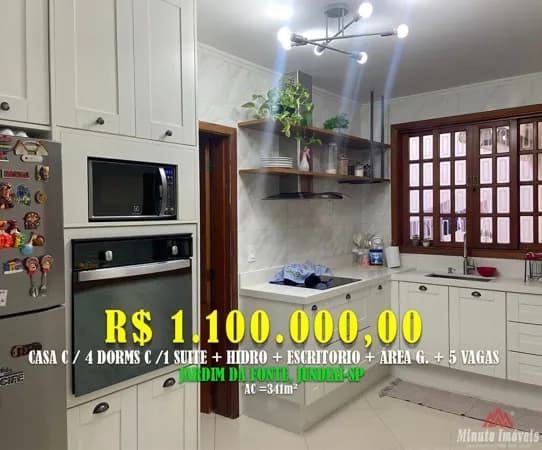 Casa 314m² c/ 4 Dorms c/ 1 Suíte + Area Gourmet + 5 Vagas Cobertas. Loc: Jardim da Fonte, Jundiai-SP