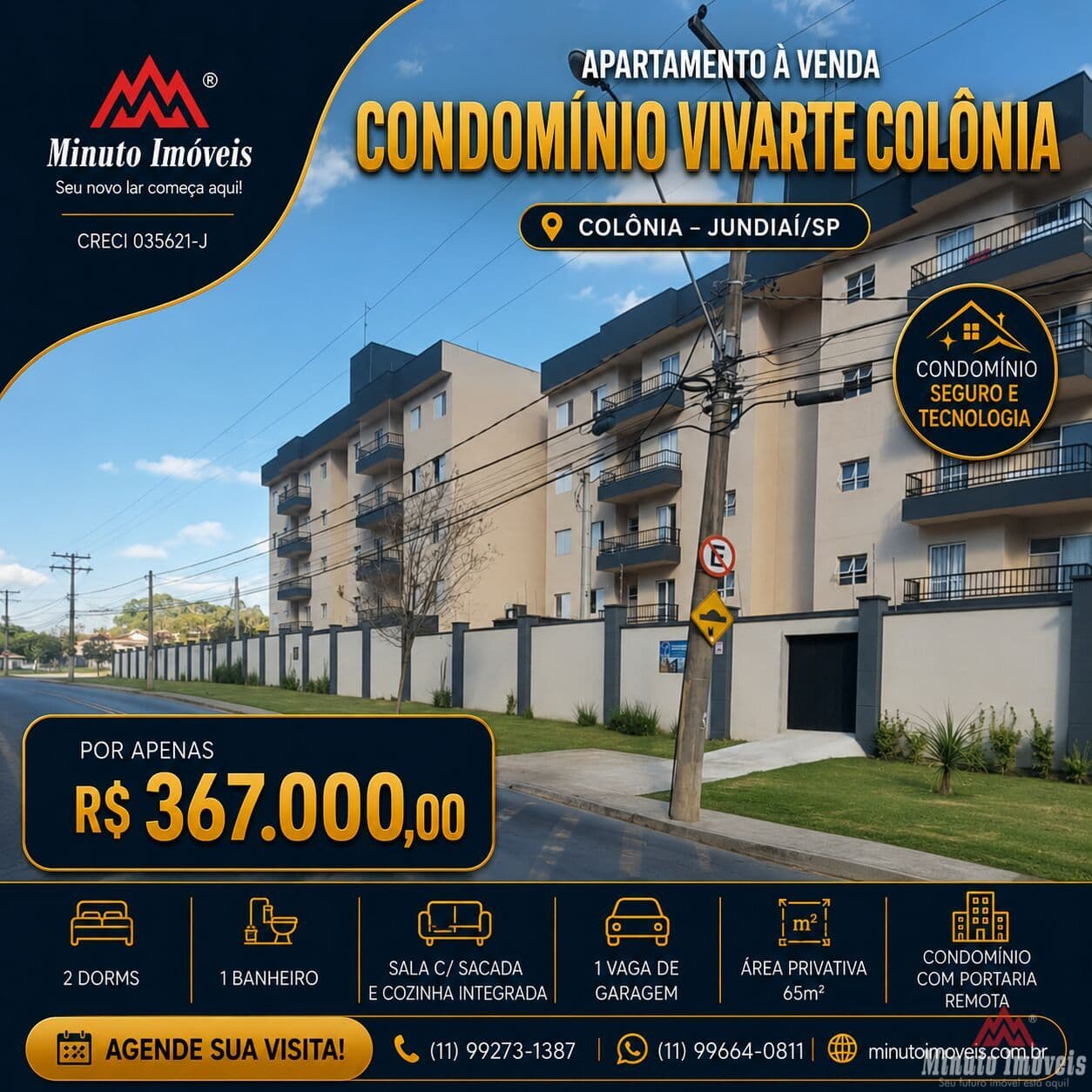 Apartamento à Venda em Jundiaí/SP – 1 Vaga Cond. Vivarte Colônia - 367 Mil