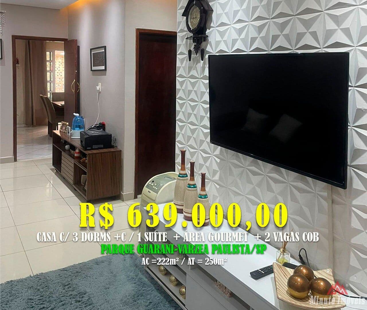 Casa 222m² c / 3 Dorms c/ 1 Suite + Area Gourmet + 2 Vagas Cobertas, Parque Guarani, Várzea Paulista-SP Valor = R$ 639.000,00