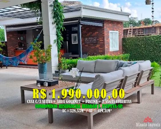 Sobrado 328,53 m² c/ 3 suítes em Condomínio de Alto Padrão em Itupeva/SP Local: Condomínio Residencial Ibi Aram I Investimento = R$ 1.990.000,00
