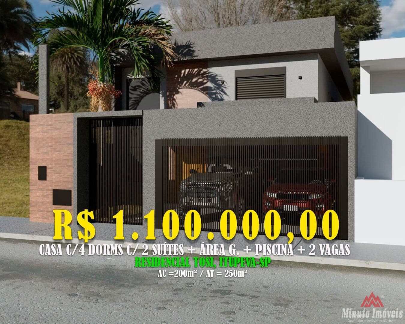 Casa 200m² c/ 4 Dorms c/ 2 Suites + Area Gourmet + Piscina + 2 Vagas. Loc: Residencial Tosi, Itupeva Valor = R$ 1.100.000,00 Ac = 200m² / At= 250m²
