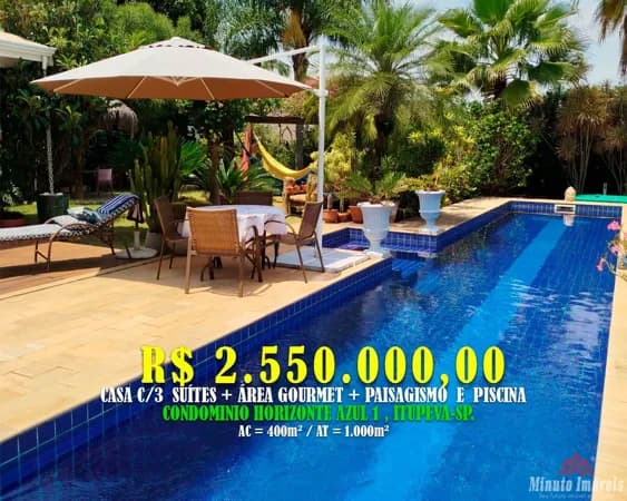 Casa 400m² c/ 3 Suites + Área Gourmet e Piscina. Loc: Horizonte Azul I, Itupeva/SP