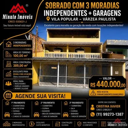 Sim… você leu certo. 👀 Enquanto muita gente compra 1 imóvel… aqui você leva 3 moradias independentes no mesmo sobrado. 📍 Vila Popular – Várzea Paulista/SP