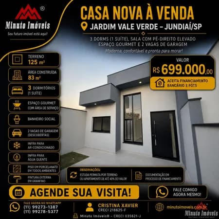 Casa c/3 Dorms c/ 1 Suite + 2 Vagas deGaragem, Vale Verde, Jundiaí/SP